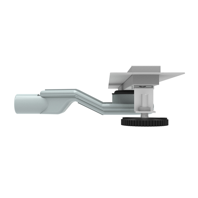 Close up detail of height adjustable shower drain leveling legs and siphon attachment