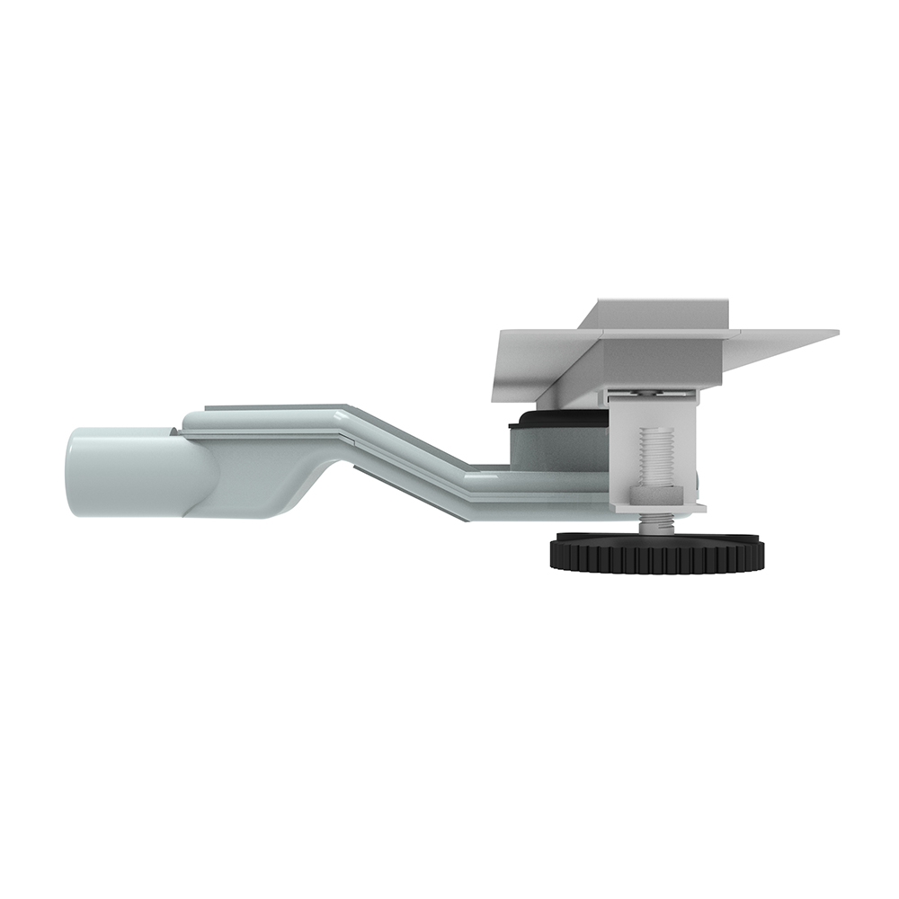 Close up detail of height adjustable shower drain leveling legs and siphon attachment