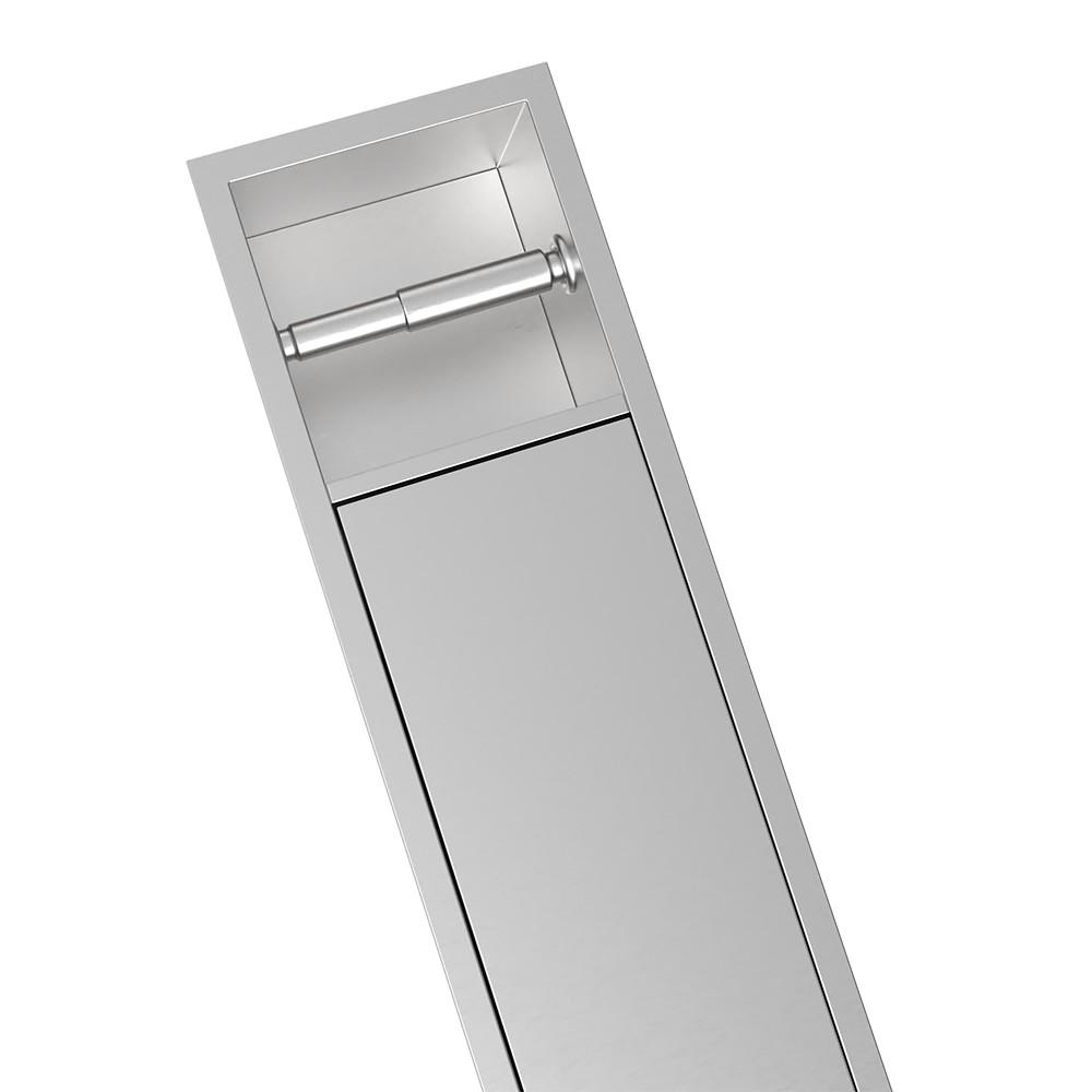 Recessed toilet brush holder with top toilet paper bar and invisible flange design in stainless steel