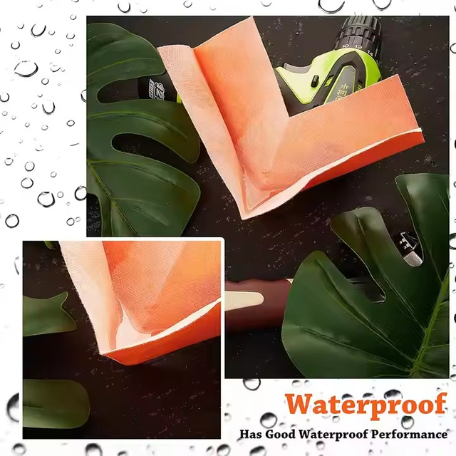 Water beading on orange waterproofing polyethylene inside corner demonstrating moisture resistance