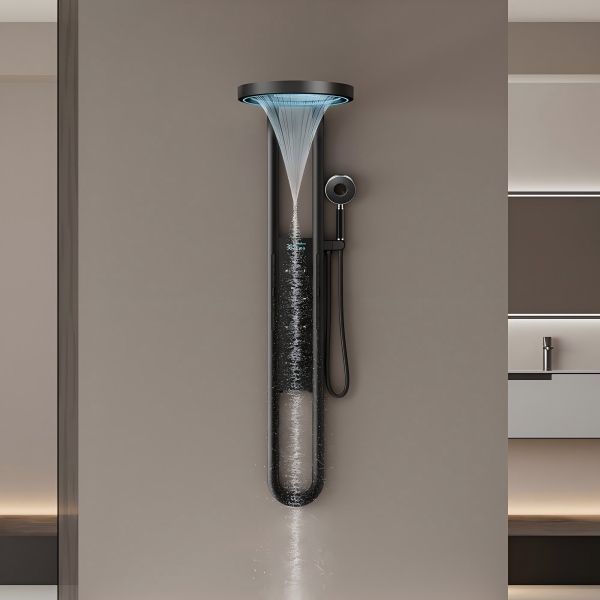 Luxury LED rainfall shower set installed in modern bathroom