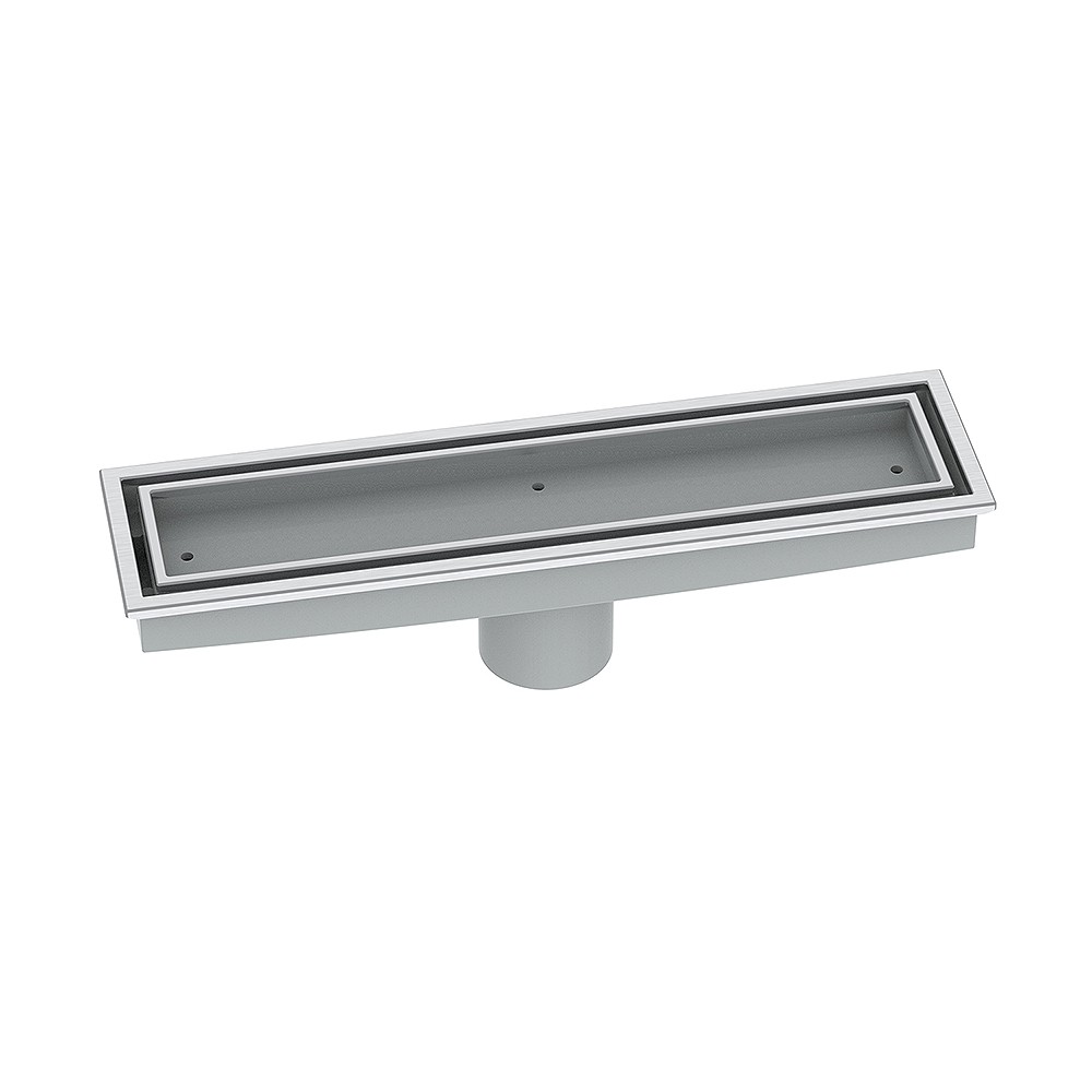 Plastic linear drain with SS304 trim showing angled structure and vertical outlet design