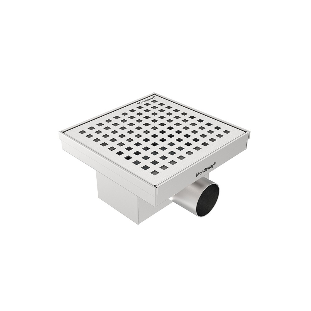 square bathroom drain in stainless steel with horizontal outlet