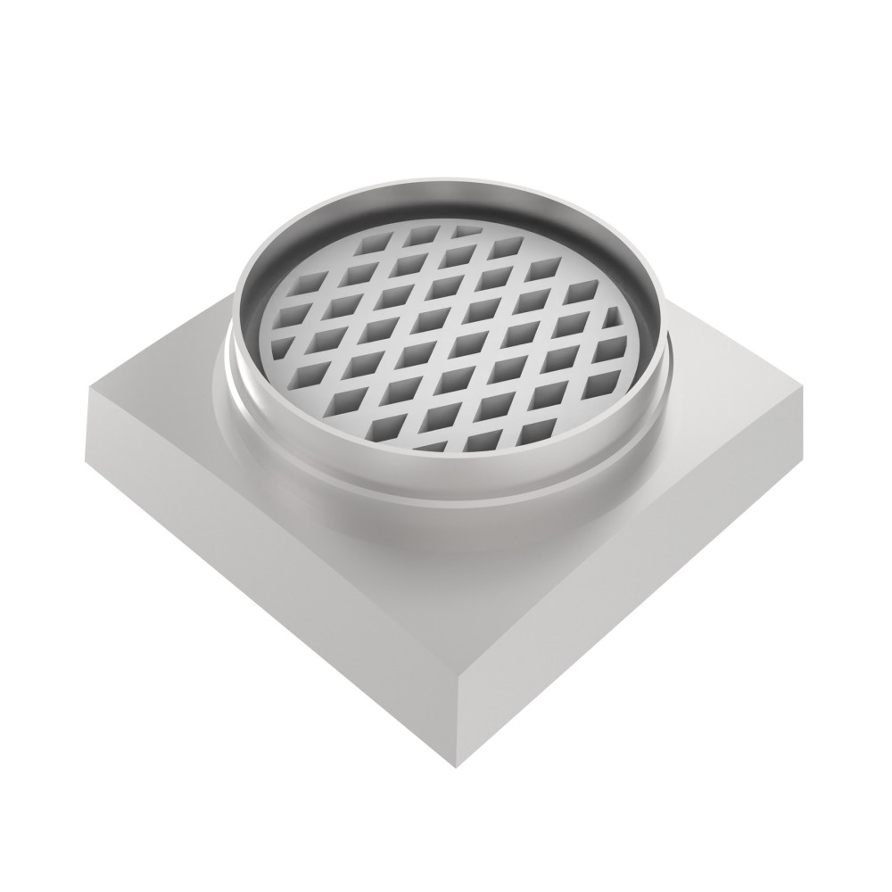 brass base of square floor drain featuring low profile outlet structure