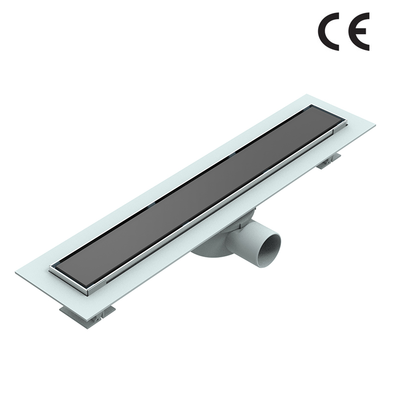 Stainless steel linear floor drain with glass drain cover and horizontal outlet