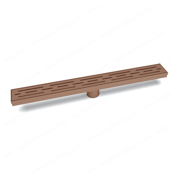 Rose gold low profile linear drain featuring anti clog flow and adjustable outlet
