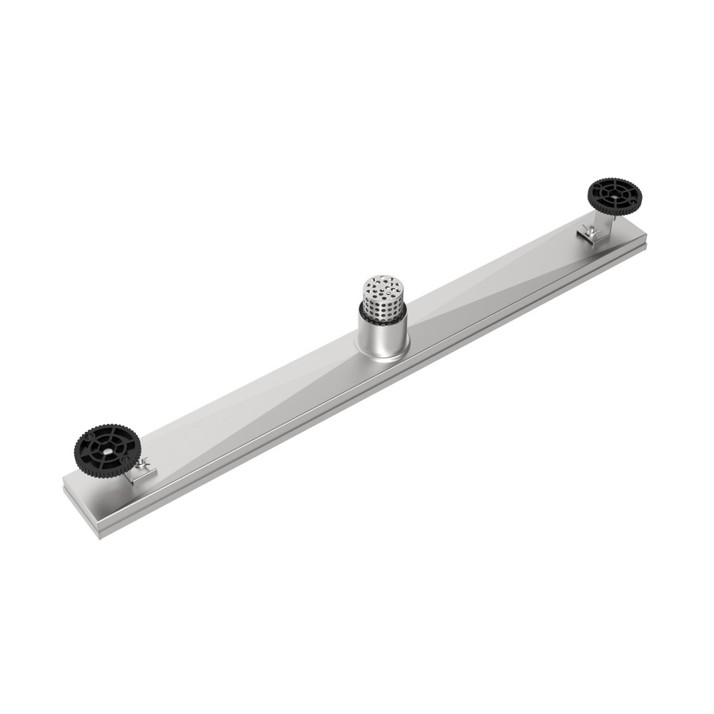 Adjustable drain with linear shower floor layout and vertical outlet connection