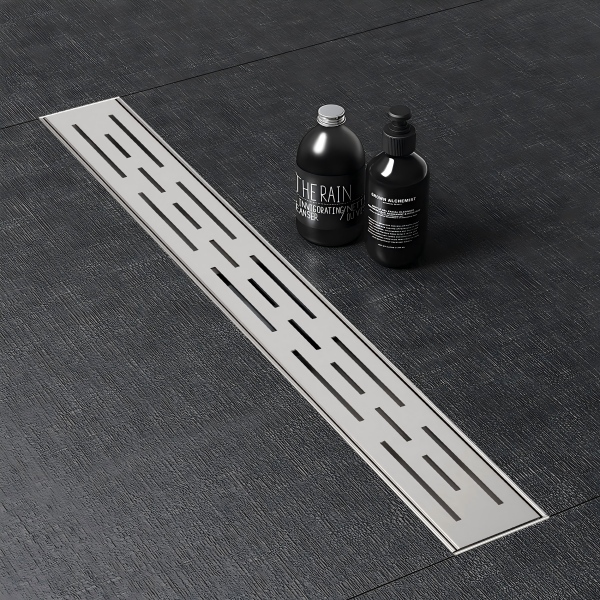 Brushed stainless low profile linear drain with adjustable anti clog performance