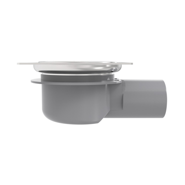 Profile graphic of the grey PP body showing the side outlet and the compact 360&deg; rotatable wet siphon design