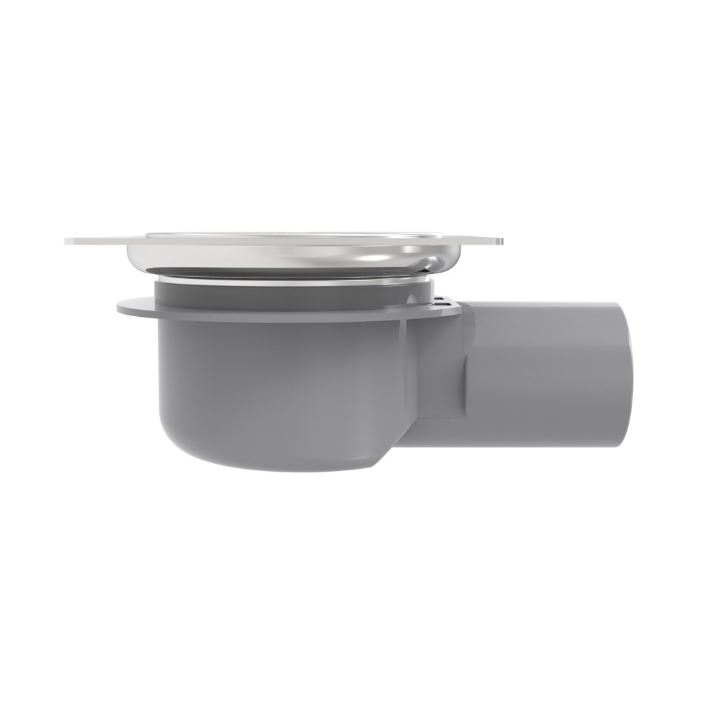 Profile graphic of the grey PP body showing the side outlet and the compact 360&deg; rotatable wet siphon design