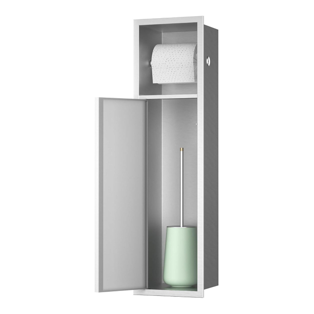 Recessed toilet paper niche with door in brushed stainless steel finish