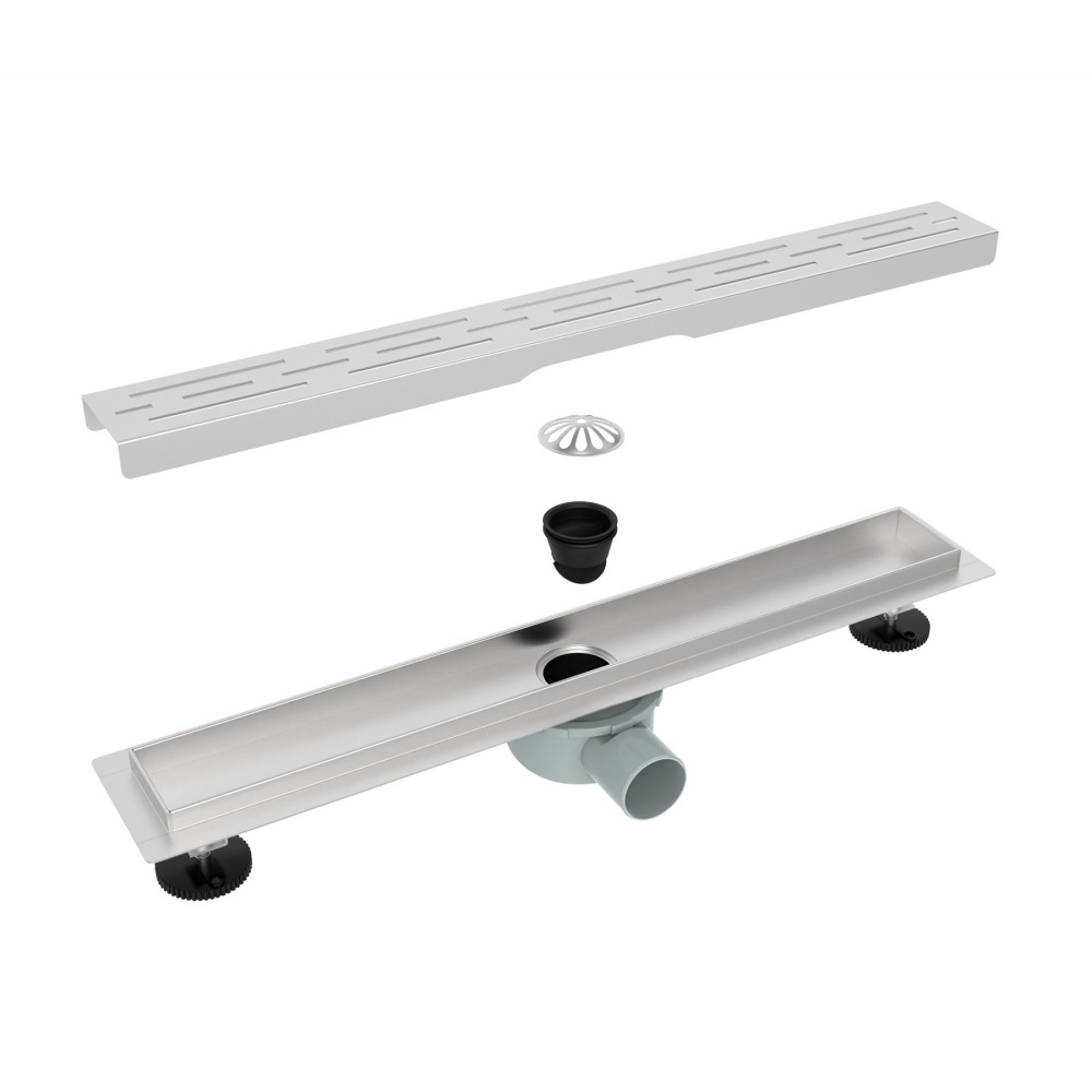 Exploded view showing all components of the stainless steel adjustable shower drain assembly including grate, filter, and siphon