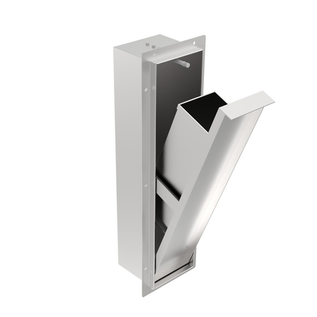 recessed bathroom trash can with angled opening door design