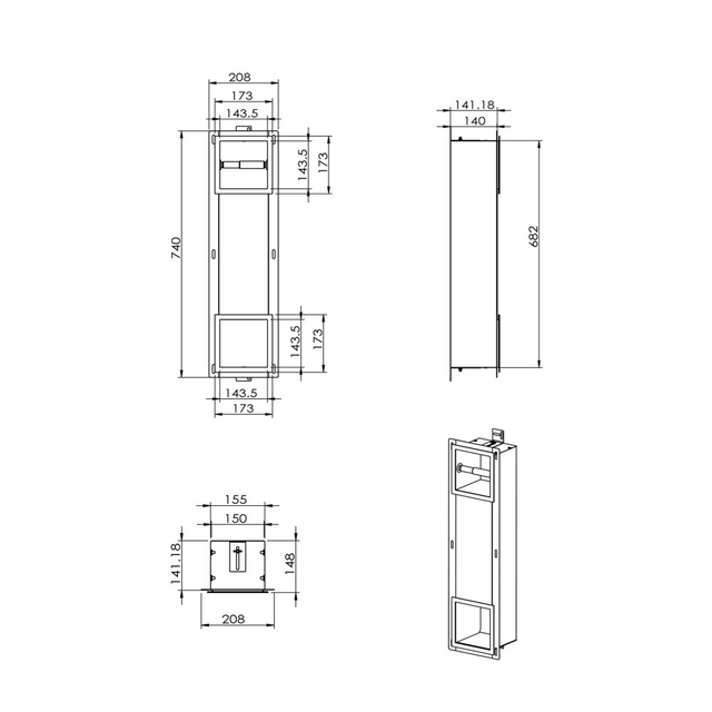 Stainless steel toilet paper roll holder and storage with detailed installation size layout diagram