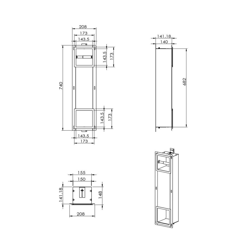 Stainless steel toilet paper roll holder and storage with detailed installation size layout diagram