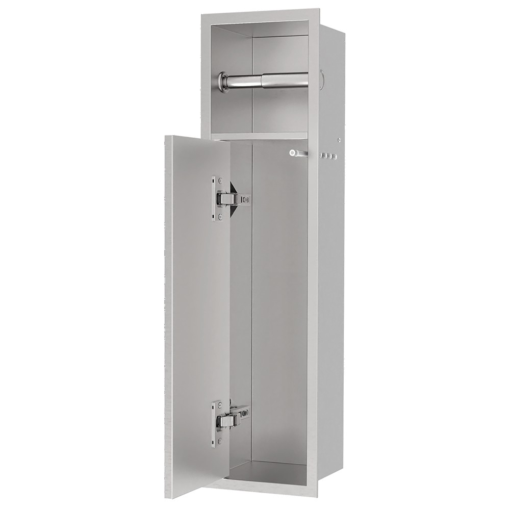 Stainless steel recessed toilet brush holder with door open and vertical internal storage