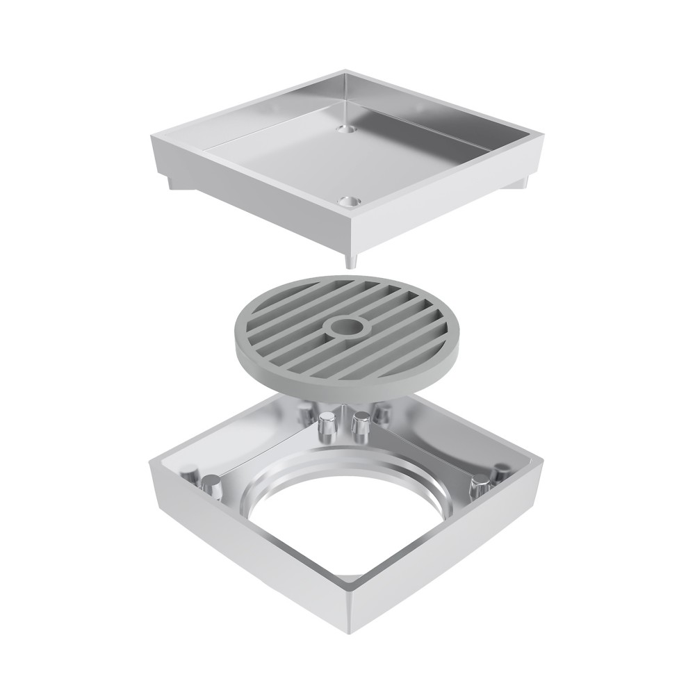 exploded layout of square shower drain featuring without-flange design