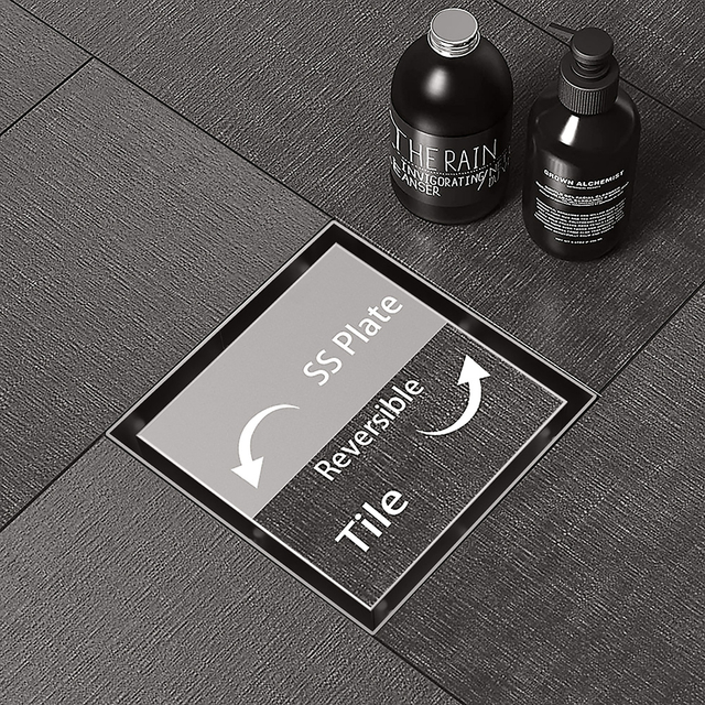 Reversible tile insert stainless grate drain for seamless flooring
