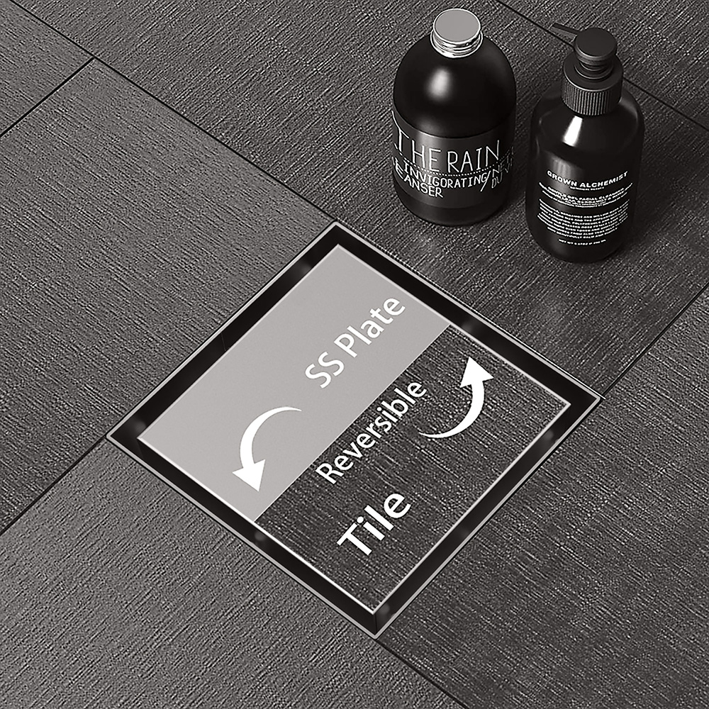Reversible tile insert stainless grate drain for seamless flooring