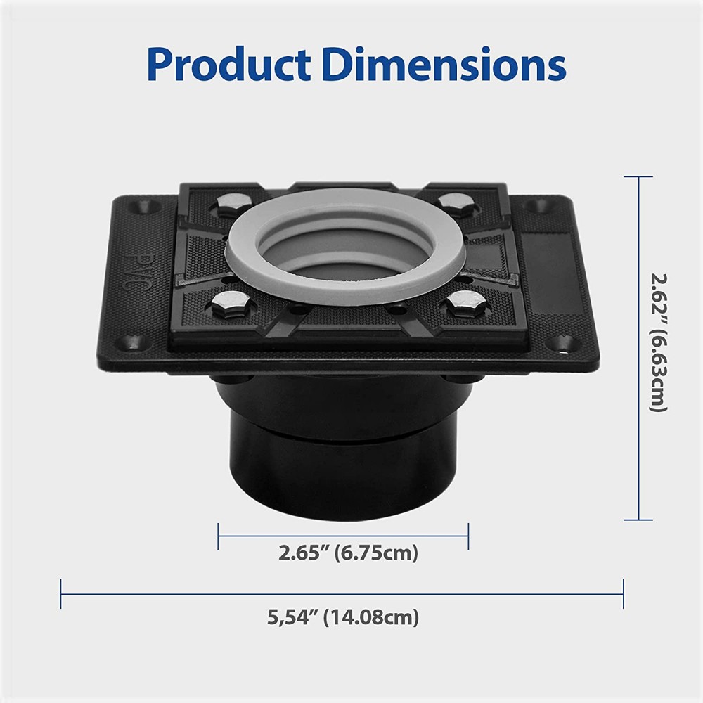 Precise measurements of a PVC shower drain flange showing 5.54 inch width and 2.62 inch height