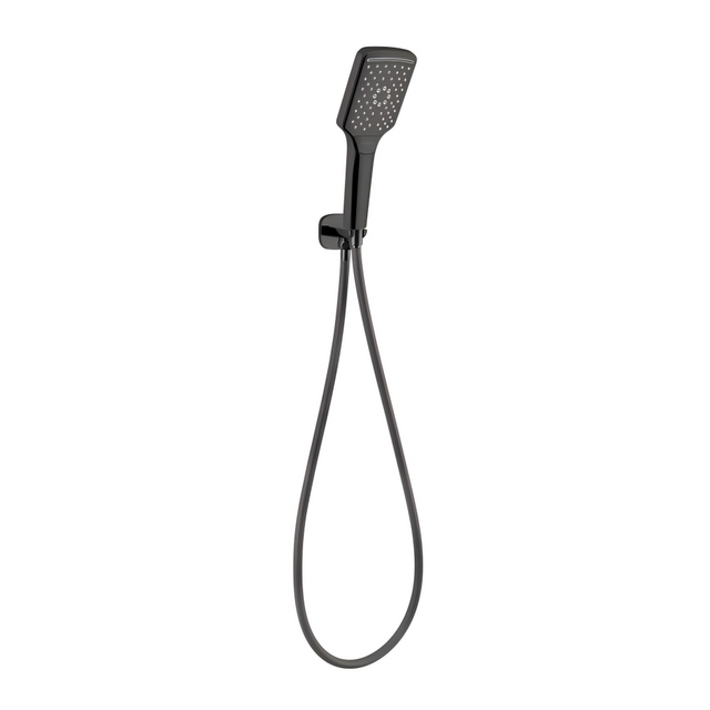 Black handheld shower head with flexible hose in modern minimalist design