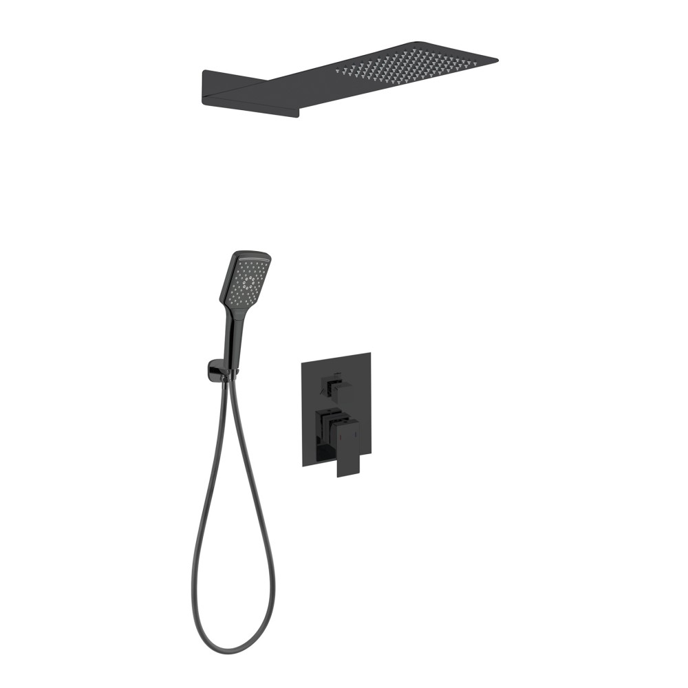 Complete black rainfall shower set with mixer valve and handheld shower
