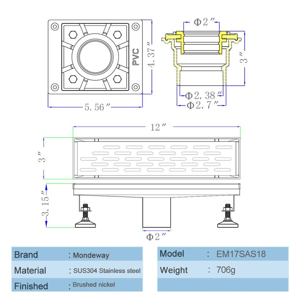 Amazon hot sale 12 Inches Linear Shower Drain with Rectangular Linear mirror polished 304 Stainless Steel