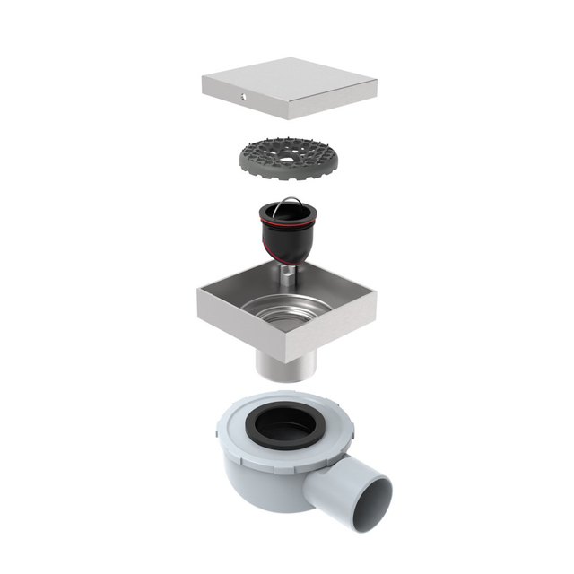 Exploded assembly of ABS base drain showing siphon and filter components