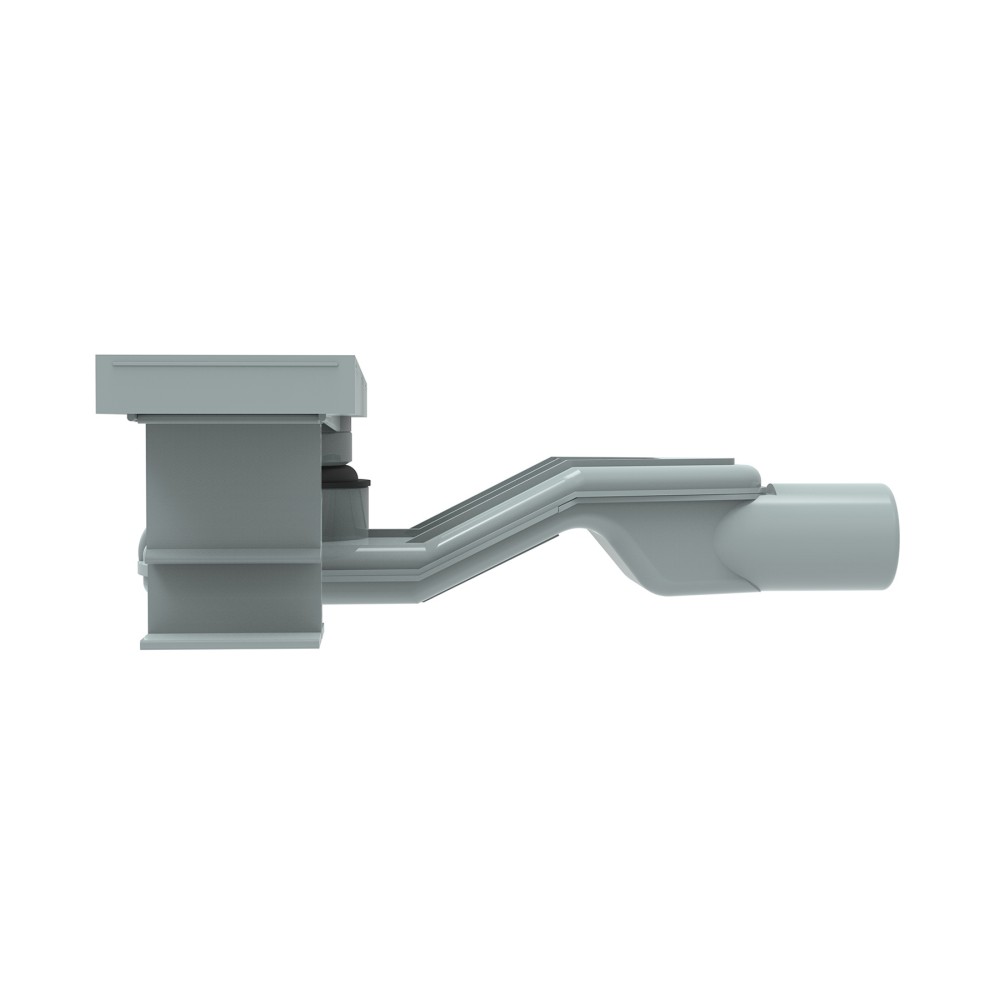 Side profile of linear drain for shower showing 84mm low installation depth and horizontal outlet