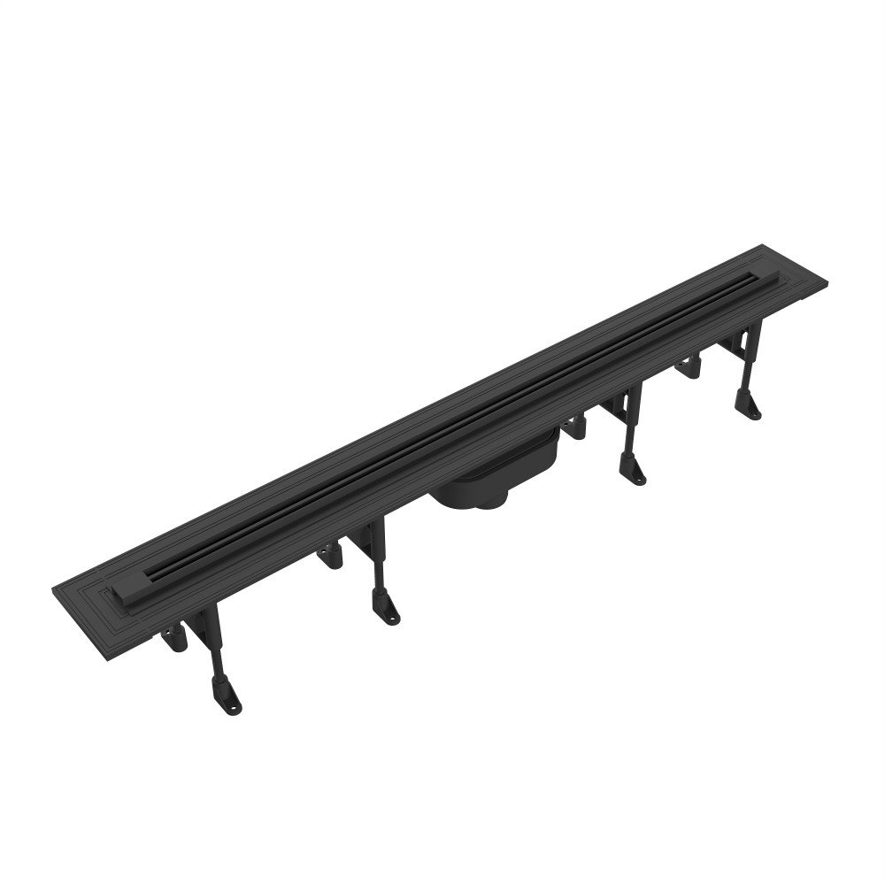 Matte black cuttable linear drain with adjustable height legs