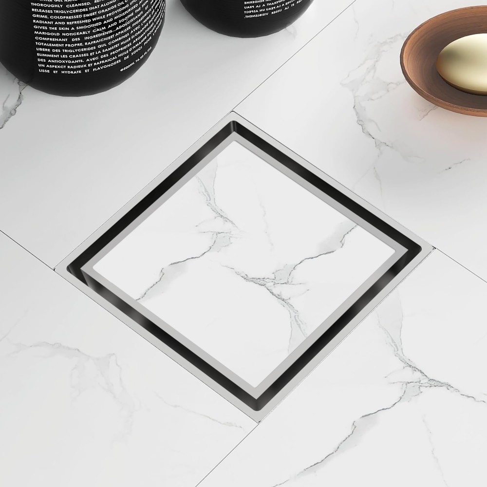 tile-insert square floor drain seamlessly integrated into shower flooring