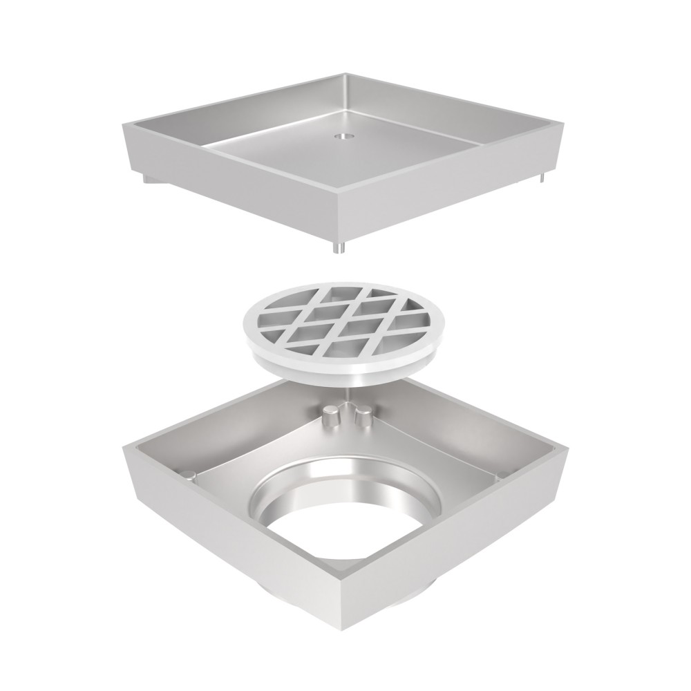 exploded structure showing plastic drain filter and brass drain housing