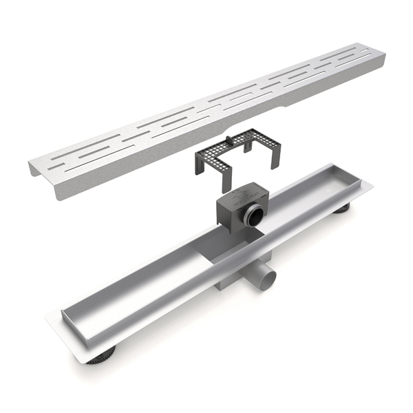 Exploded linear drain kit showing adjustable legs and hair strainer