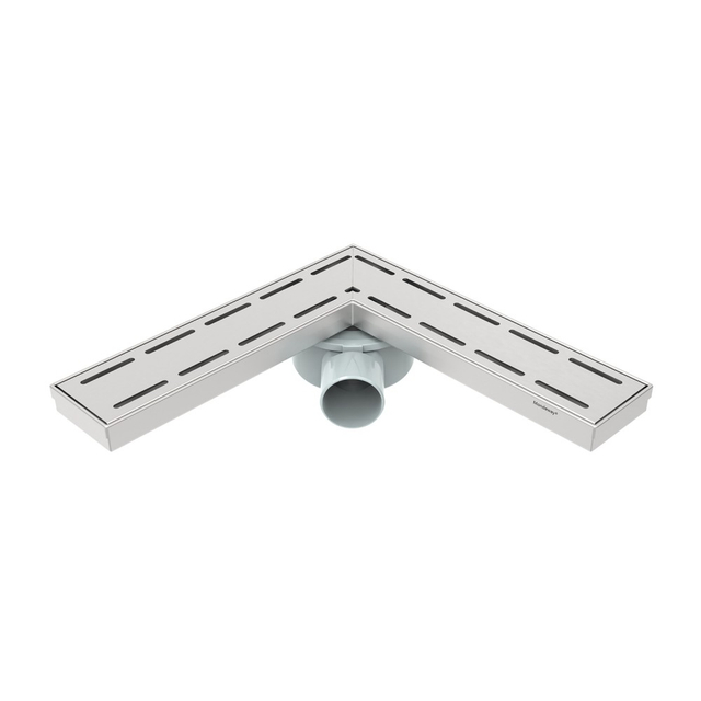 Right angle drain with corner linear shower drain top layout