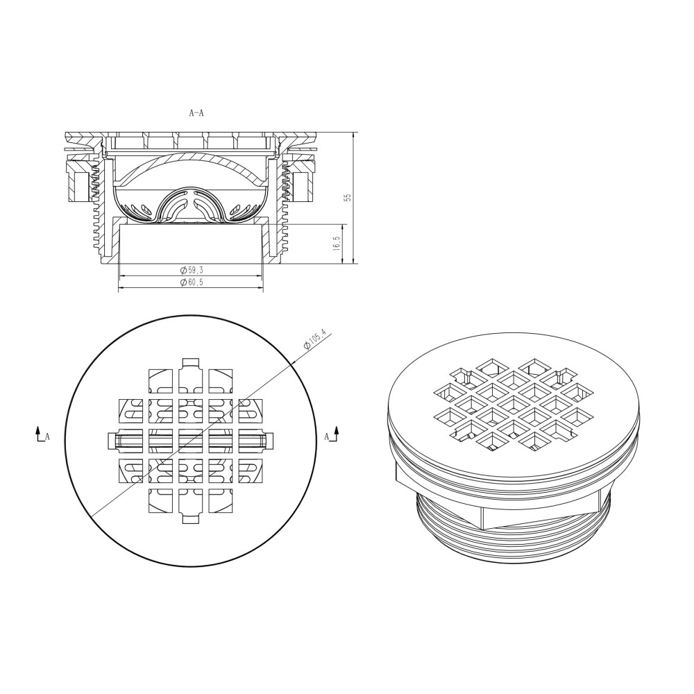 technical drawing of pvc shower drain with round cover and pvc grate option