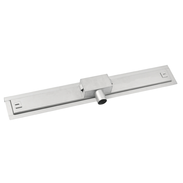Back of wall drain shower showing horizontal outlet and stainless steel construction