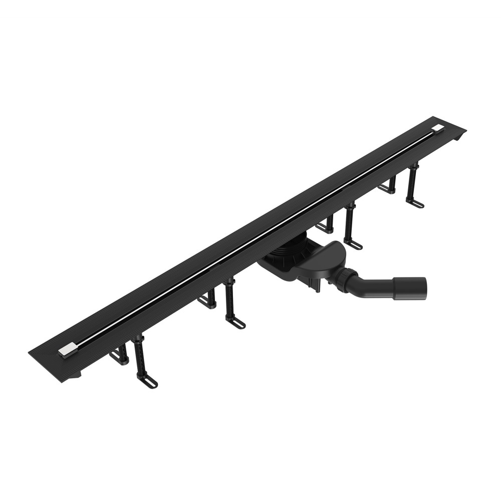 Profile view of a black slim linear shower drain with minimum 101mm installation depth
