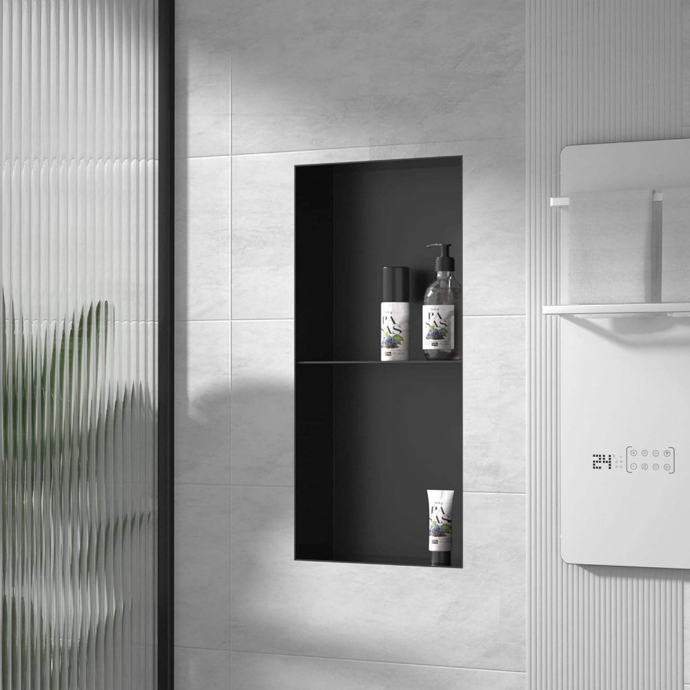 Recessed niche vertical bathroom niche used as shower storage in stainless steel