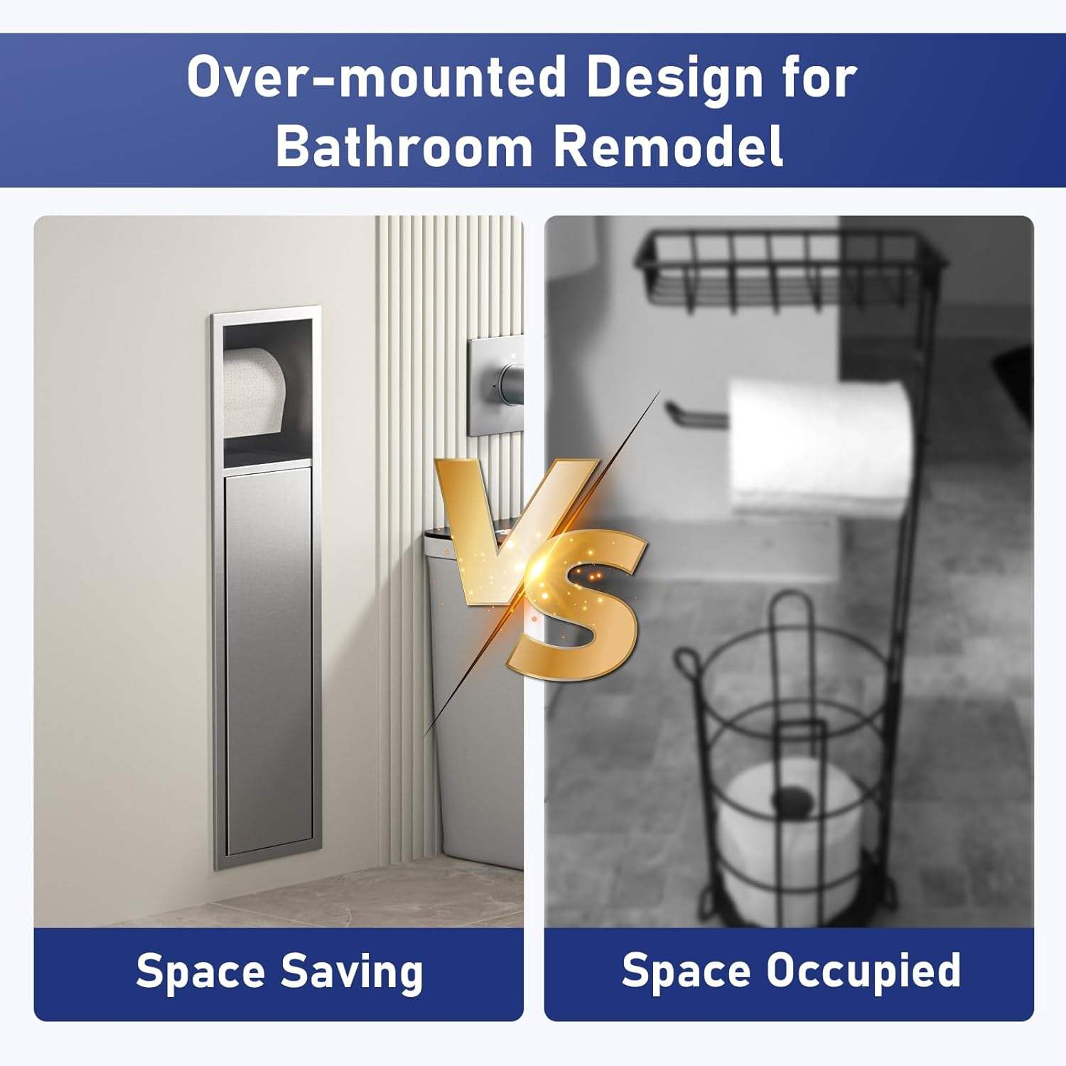 Recessed toilet paper niche showing internal storage with open door