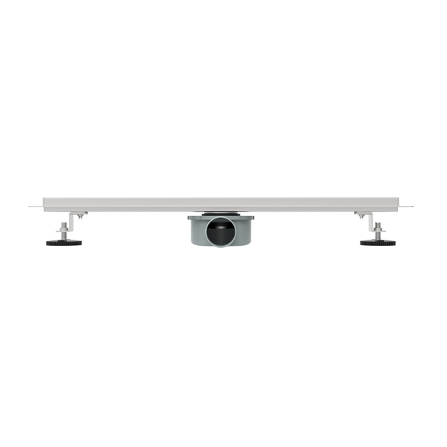 Side profile of low-profile stainless steel linear drain showing adjustable height