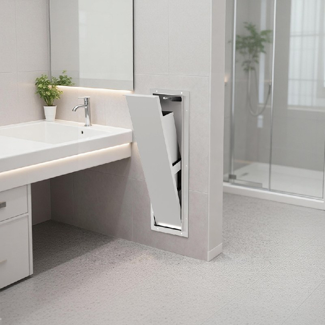 recessed bathroom trash can used in modern bathroom wall space