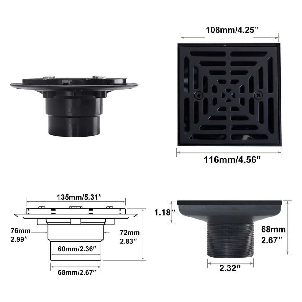 Technical dimensions and measurements for the square black shower drain and vertical drains