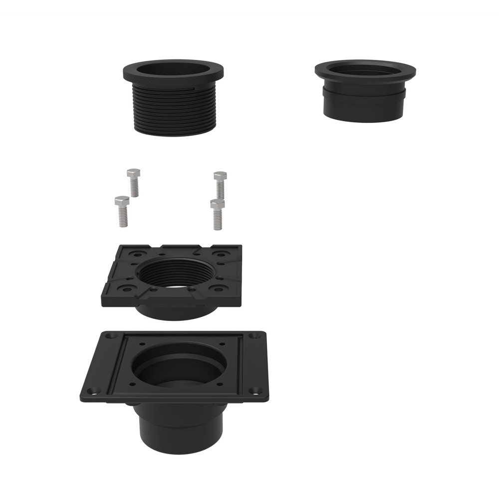 Exploded diagram of PVC shower drain base showing flange, bolts, and adaptors