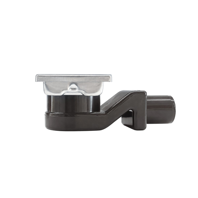 Front profile of hidden linear drain displaying stainless channel and black circular drainage outlet