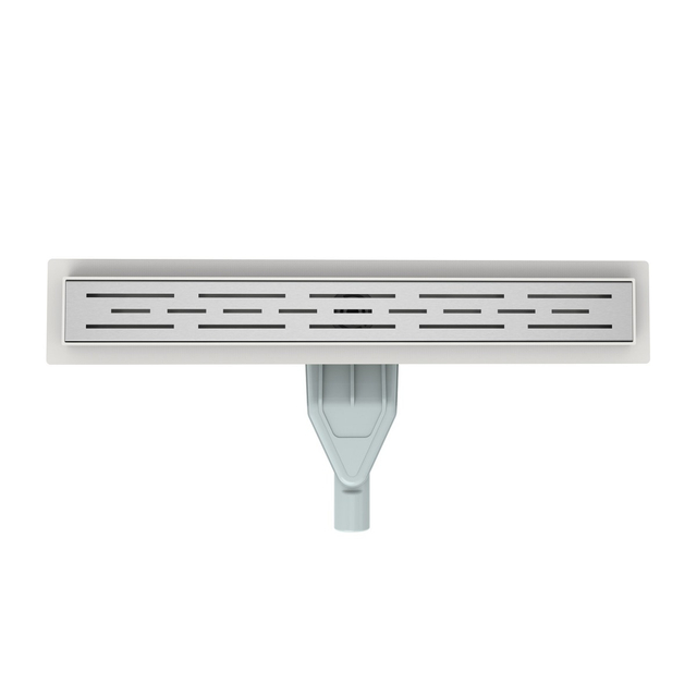 Top down slotted grate pattern of long shower drain with stainless steel perimeter flange