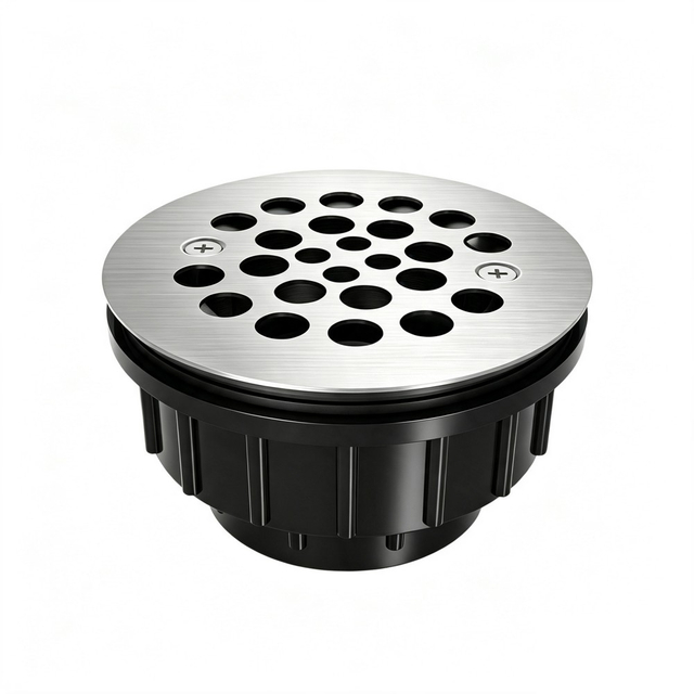 PVC round shower drain featuring a brushed SS304 cover with round drainage holes