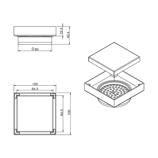 Technical measurements for bathroom floor drain stainless steel
