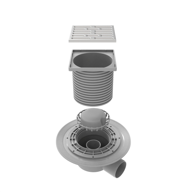Exploded square floor drain assembly with stainless steel grate, adjustable riser and removable siphon for a Permanent Water Seal Drain
