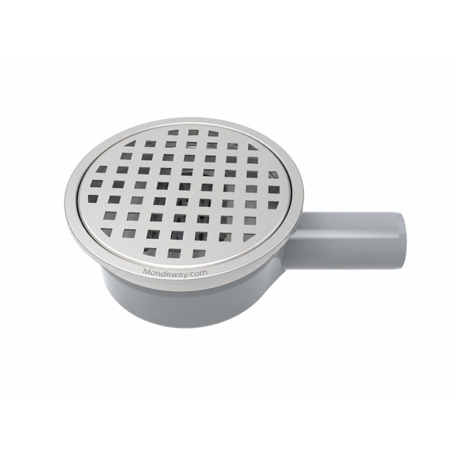 Stainless steel round shower floor drain displaying a square grid and reliable horizontal floor drain outlet