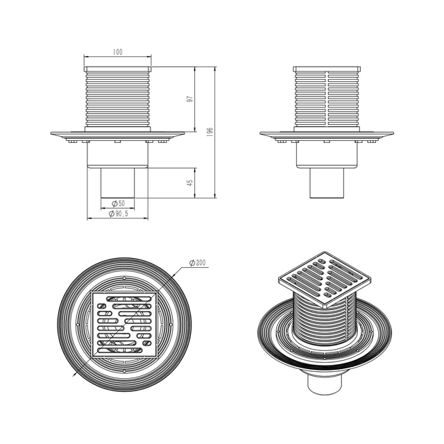 Technical dimensional drawing of modern shower drain outlining height parameters from 99mm to 196mm